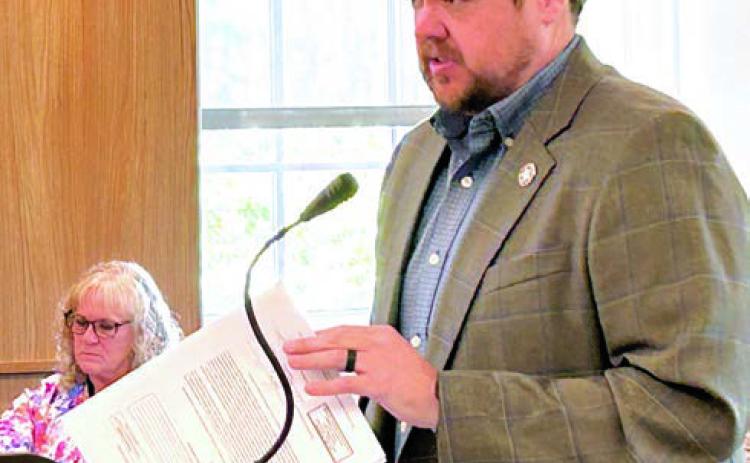 McLoud City Manager Cody Roe presents information to the Pottawatomie County Board of County Commissioners as part of the process required for the use of ARPA money. The information presented Tuesday is for the water tower project in McLoud. Countywide &amp; Sun/ Suzie Campbell