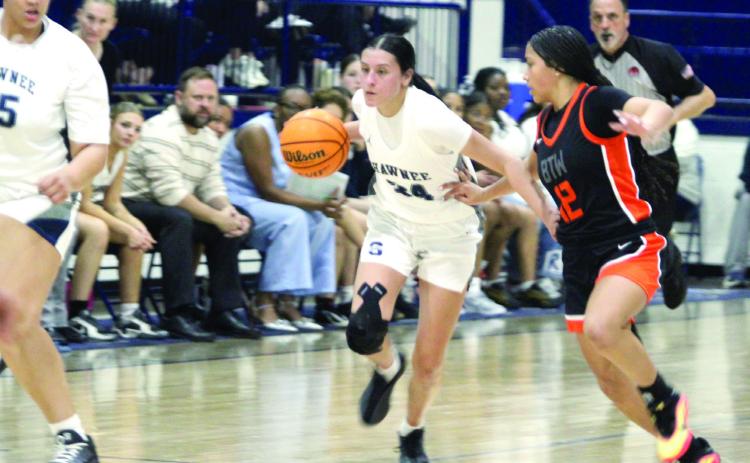 Shawnee senior Daley Rice takes it upcourt during the second quarter of the Feb. 13 Senior Night District home game against Booker T. Washington. The Lady Wolves lost 36-54, and later, the Wolves lost their game 57-85. Natasha Dunagan, Countywide & Sun