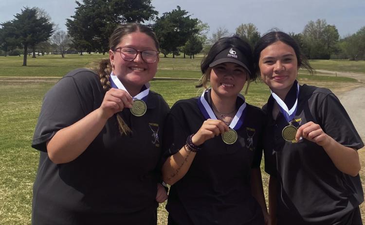 Lady Savage Golf went to the Stroud Tournament last Friday and came back with some hardware. Angel Duggan (pictured center) shot a 93 which was good for second place at the tournament. Zoey Roller (pictured left) placed fifth while shooting a 102. Izzy Duggan (pictured right) found eighth place as she shot a 108. Photo provided