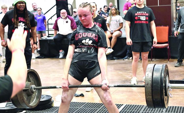 North Rock Creek's Molly Campbell placed fourth in squats, and set an Oklahoma state record deadlift of 365 pounds. She placed second in High School in the 150-weight class, with a total weight of 760 pounds. Photo courtesy of Gowin Photography