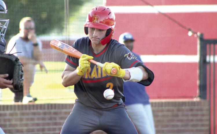 Dale junior Jackson Harris passes on a ball before hitting a single in the May 1 Senior Night home game against Guthrie. The Pirates won, 8-1, and will play in the Class 2AI Regional Tournament today (May 8) at home, beginning at 11 am. If they win, they will play at 4 pm. Then, the action continues on May 9 at 6:30 pm, and if necessary, on May 10 at 2 pm. Natasha Dunagan, Countywide &amp; Sun