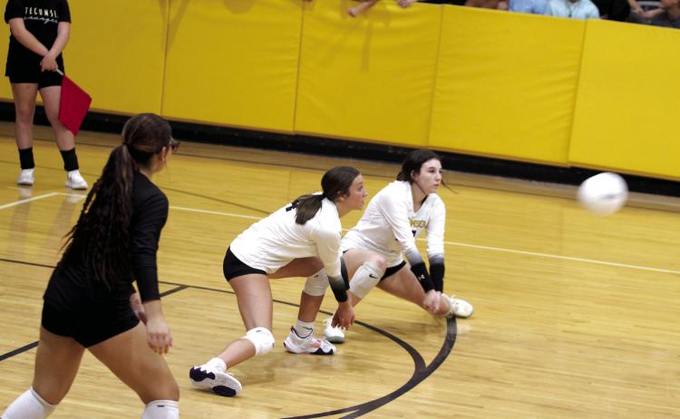 Tecumseh's Kayley Wood and Kaitlyn Elrod are both ready to make the hit during the match with Bethany on Aug. 20. Countywide & Sun/Natasha Dunagan