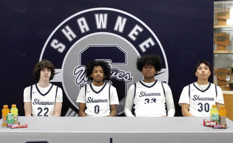 Shawnee High School held a Media Day for the Wolves basketball team on Jan. 21. Following photos, 11 varsity players were available to answer questions about the season. Shown, from left, are Edan Litherland, Daytain Patton, Aidon Siqueiros and Aaron Wilson. Countywide & Sun/Natasha Dunagan