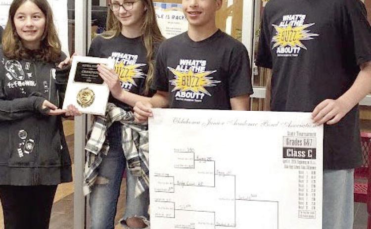 Bethel sixth- and seventh-graders Isabel Fitzgerald, Madison Jones, Noah Gascon and Everett Quirk won top honors at the Oklahoma Junior Academic Bowl recently. Photo provided
