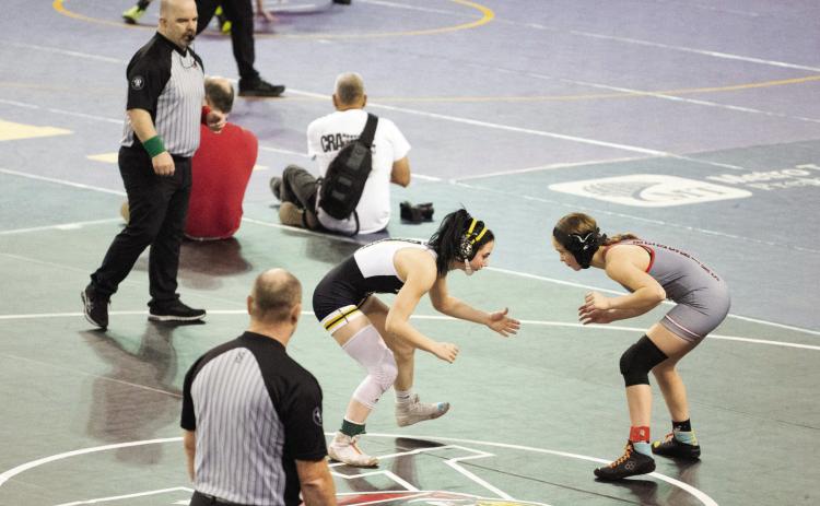 Tecumseh’s Vivian Hayes sizes up her opponent from McLoud at the State Wrestling finals on Feb. 25. Photo provided by Kenetta Lisenbee.