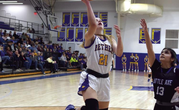 Josie Megehee puts up 36 points in the first half of the game against Little Axe for the district title on Feb. 16th. She sat the entire second half and the Lady Wildcats came away with the title.