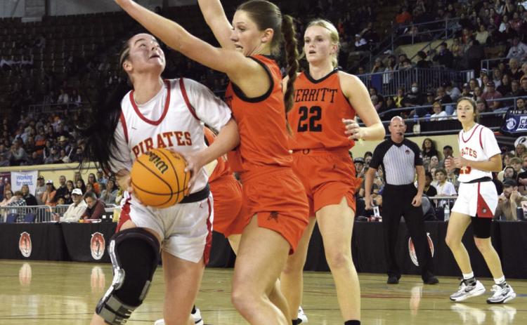 Senior Karsen Griggs fights for the basket in the 2A State Tournament on March 9th. As defending Champs, Dale beat out Okemah and Howe before falling to Merritt in a 23-25 nail biter. Countywide &amp; Sun/Julie Talton