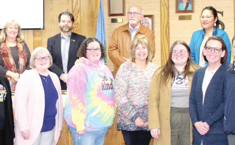 The 2021-2022 Shawnee Building Teachers of the Year were recognized at the March 7 Board of Education meeting. They are, front row from left, Brandy Swinford, Shawnee Early Childhood Center; Thresa Swadley, Jefferson Elementary; Trina Waller, Sequoyah Elementary; Chandra Swisher, Will Rogers Elementary; Kayla Hutcheson, Shawnee Middle School; Dacia Jordan, Shawnee High School; and, Sara Branson, Jim Thorpe Academy. Kacie Hair, of Horace Mann Elementary, was not present. Countywide &amp; Sun/Natasha Dunagan