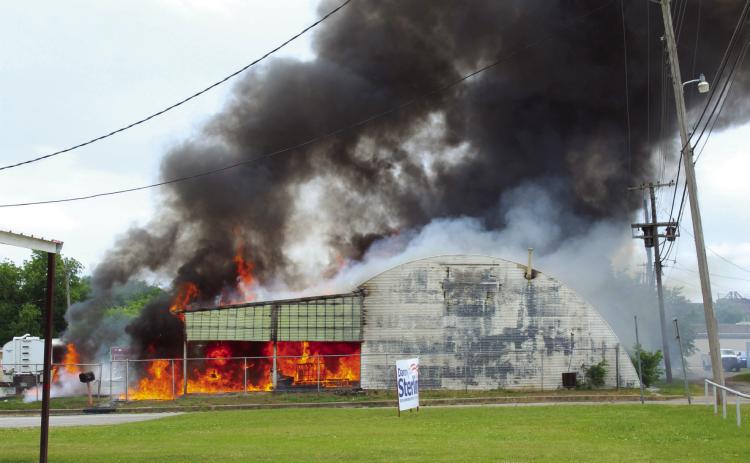A fire broke out at Jordan Contractor's mechanic barn in downtown Tecumseh on May 6. Natasha Dunagan, Countywide & Sun