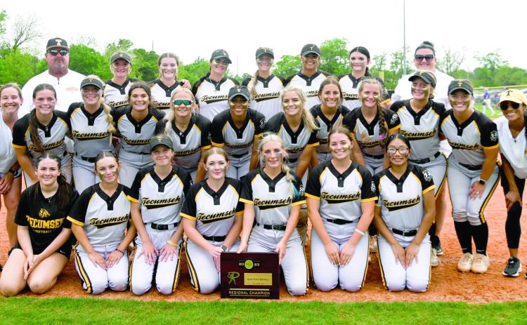 The Tecumseh Lady Savages Slow Pitch Team pose with their coaches Perry Wilson and Kayla Rodriguez after winning the Class 5A Regional Championship. Playing at home, they beat Purcell, 5-1, and Bethel, 6-3. Tecumseh will play in the State Tournament today (May 8) against McLoud at 10 am. If they win, the semifinals will be at 4 pm, and the finals will be at 7 pm. Photo courtesy of Kenetta Lisenbee