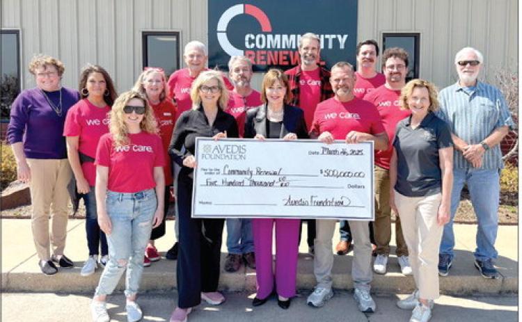 Staff from Community Renewal and Avedis Foundation together with Jill Spencer, Board Chair Avedis Foundation, Dr. Kathy Laster, President & CEO Avedis Foundation, Brandon Dyer, Executive Director Community Renewal, and Dr. Steve Trotter, Board Member Avedis Foundation, pose for a photo as they are presented a check for $500,000 for 2025. Photo provided by Avedis Foundation