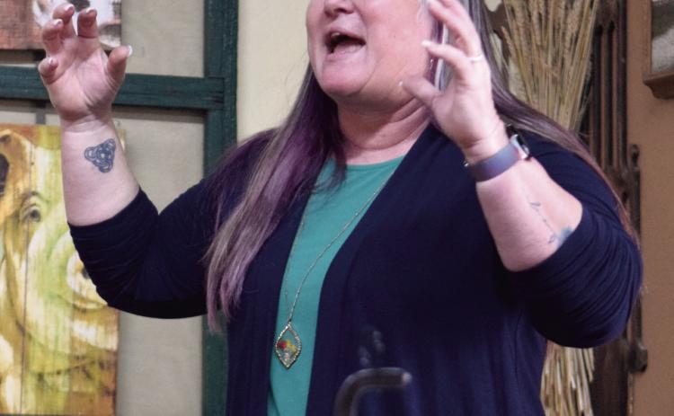 Tecumseh Chamber of Commerce Director Kim Elliott introduced guests at the Economic Development funding Workshop held at The Farmer's Daughter on Feb. 17. Julie Talton, Countywide &amp; Sun