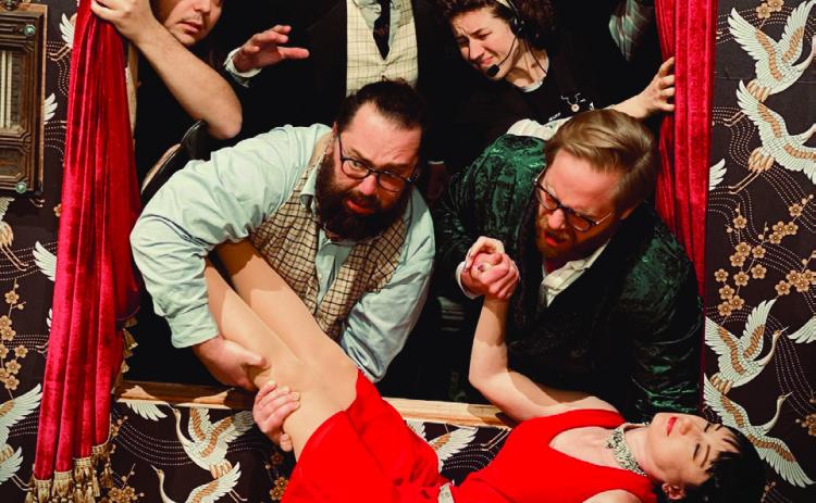 Getting an unconscious body offstage causes problems in SLT’s “The Play That Goes Wrong”. Left to right from the top are Tanner Rippee, George Wright and Elizabeth Sidler. On the front row is Eric Strimple, Jill Fry and Tom Dahlman. Photo provided