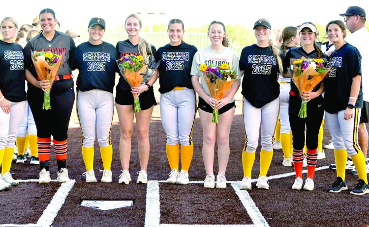 Tecumseh High School Slow Pitch Senior Night was celebrated on April 21 at FireLake Ball Fields. They honored seniors from both Tecumseh and the visiting team of Cushing. Lady Savages, shown in 'Senior 2025' T-shirts from left, are Alyssa Norton, Jessi Hull, Katie Overstreet, Aleigha McCullough, and Kynlee Donaghey. Photo courtesy of Kenetta Lisenbee