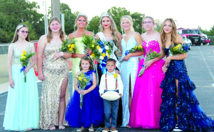 The Bethel Fall Homecoming Court poses after coronation ceremonies on Oct. 20. Shown, from left, are Sophomore Attendent Dalila Beer, Queen Candidate Ashlee Ginn, 2022 Homecoming Queen Kloee Nichols, 2023 Homecoming Queen Asa Ward, Queen Candidate Braylie Freeman, Junior Attendant Shyla Arnold, and Freshman Attendant Rylan Freeman. The flower girl was Jemma Vasquez, 5, and the crown bearer was Braxton Colvin, 4. Countywide &amp; Sun/Natasha Dunagan