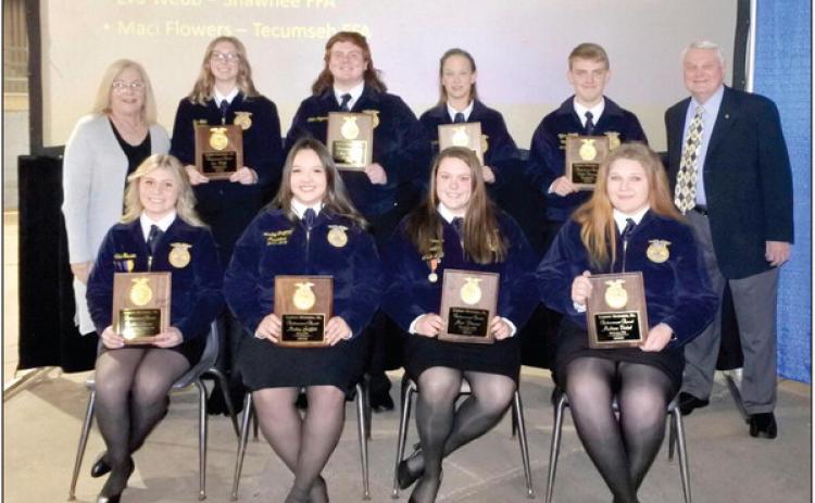 This year’s recipients of the Gordon Richards, Sr. Achievement Award sponsored by the Clinic Pharmacy are seated from left to right, Berklee Gossen, North Rock Creek, Morley Griffith, Dale, Maci Flowers, Tecumseh and Madison Bickel, McLoud. Standing left to right are, Jamie Barrick, of The Clinic Pharmacy, Eva Web, Shawnee, Colton Ingersoll, Bethel, Kurstin Kuhlman, Asher, Tyler Denney, Macomb and Gordon Richards, Jr., who helps sponsor the award. Photo by Countywide &amp; Sun/Suzie Campbell