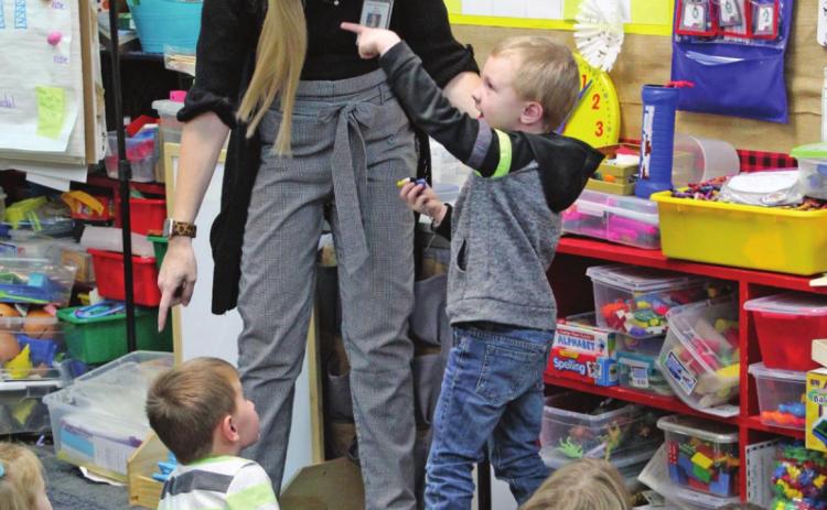 Bethel teacher Kerry Ingersoll directs one of her kindergarten students on Jan. 6. Ingersoll is one of 12 nominees for Oklahoma State Teacher of the Year for 2022. She has been teaching for 16 years and feels strongly about helping her students deal with the trauma in their lives. Countywide & Sun/Natasha Dunagan