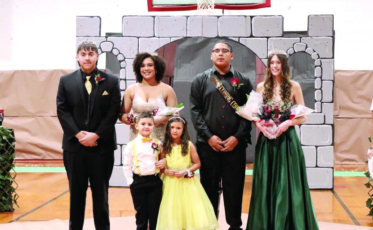 Earlsboro High School held their Winter Homecoming ceremonies before the basketball game against Strother on Dec. 16. Seniors Rodney Stryker and Eve Barkus were crowned King and Queen, and sophomores Quintin Lena and Natalie Peters were chosen as Prince and Princess. The crown bearer was Harper Nielsen, and the flower girl was Easton Elmore. Photo provided by April McGehee.