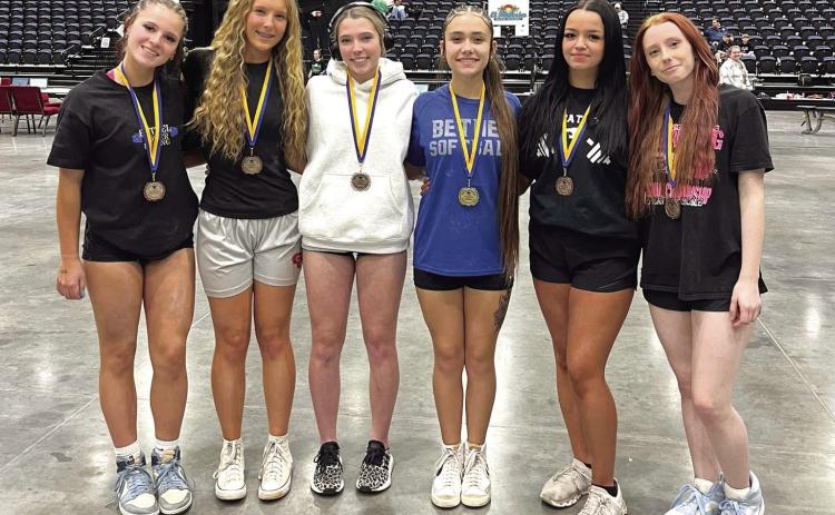 Six Bethel Lady Wildcats placed at the Seventh Annual Bethel Wildcat Powerlifting Meet, held at FireLake Arena on Jan. 29-30. Shown, from left, are Emiry Blizzard, Corley Steward, Frost Peltier, Stohrie Rhynalds, Makenzie Sullivan, and Lynzie Dye. Photo provided