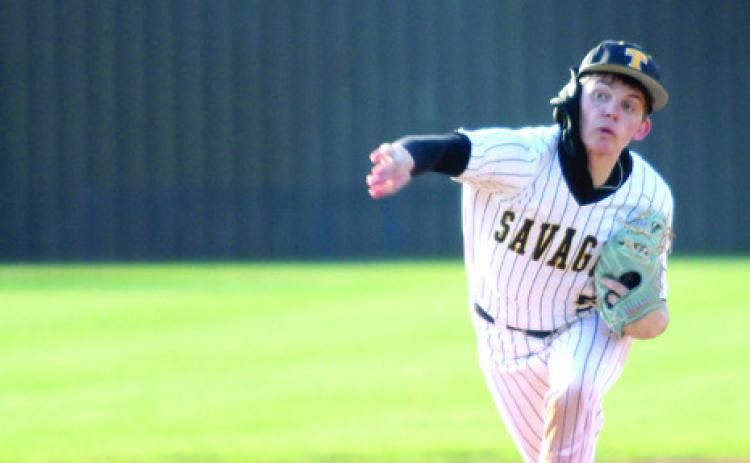 Tecumseh senior Lane Steward puts a spin on the ball during the March 25 home game with Blanchard. The Savages fell, 0-11. Natasha Dunagan, Countywide & Sun