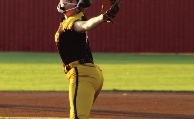 Tecumseh senior Jacee Townsend aims for home as she winds up and catches air during the Aug. 18 game at Dale. Photos by Natasha Dunagan, Countywide &amp; Sun