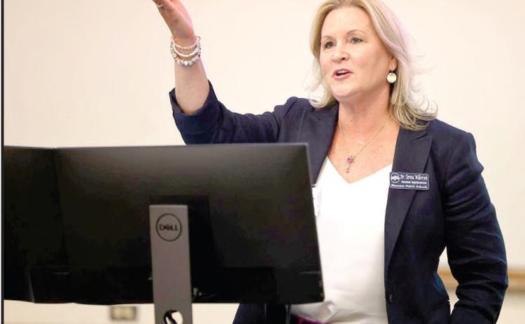 SPS Assistant Superintendent, Dr. Teresa Wilkerson, speaks at the RECHARGE-OK Kick Off Event. Photo provided Py SPS