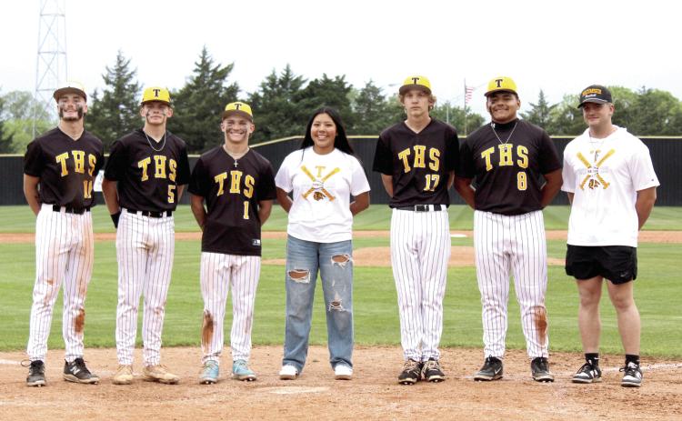 Tecumseh High School held their Baseball Senior Night on April 28. Shown, from left, are Caleb Sparks, Lane Steward, Zant Shirey, manager Zariyah Masquas, Zach Walker, Kadyn Prado and Braxton Meier. Photos by Natasha Dunagan, Countywide & Sun