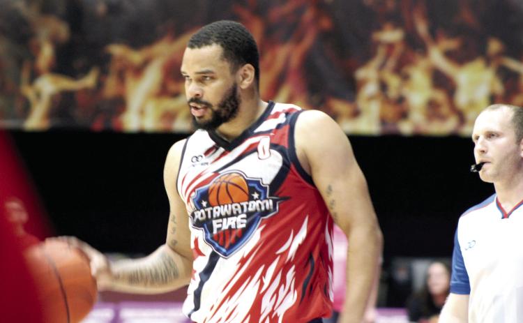 Potawatomi Fire Guard Deshawn Munson takes the ball up-court in the April 26 home game against the St. Louis Griffins. According to potawatomifire.com, Munson reached 2,000 TBL career points during the game, joining Chuck Guy who accomplished the milestone last season. The Fire won 127-124, in overtime. Natasha Dunagan, Countywide & Sun