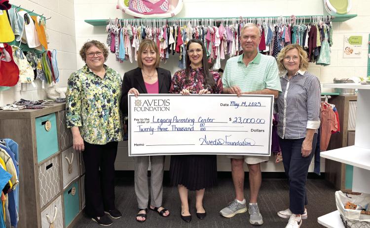 Pictured from left: Tracy Meeuwsen, Program Director-Data Analyst Avedis Foundation; Kathy Laster, President &amp; CEO Avedis Foundation; Lacey Holt, Executive Director Legacy Parenting; Mark Finley, Board Member Avedis Foundation; and Audrey Seeliger, External Relations-Special Events Avedis Foundation. Photo Provided
