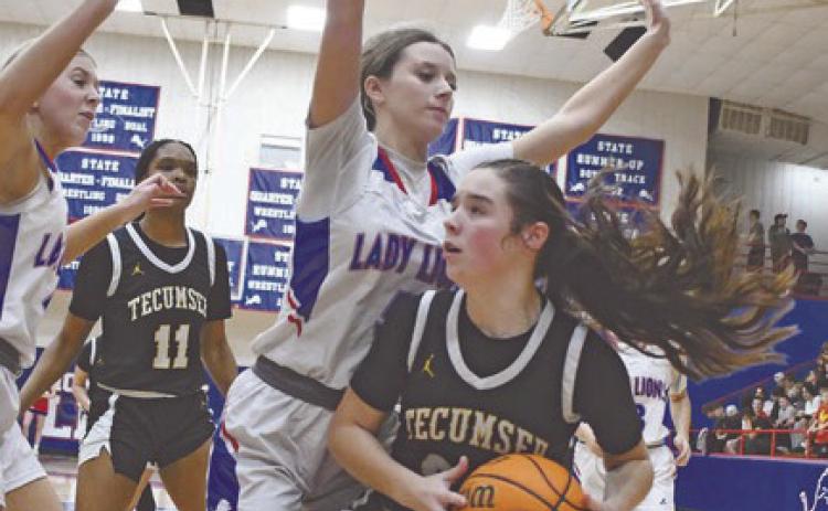 Tecumseh's Peyton Bays makes her way to the hoop in the Jan. 31 game at Chandler. The Lady Savages won, 49-30. Photo courtesy of Brian Blansett.