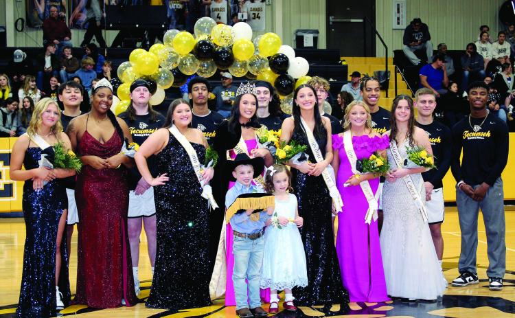 Tecumseh High School held their Basketball Homecoming ceremonies on Feb. 3 and crowned Blakeley Sanchez as Queen. Shown, back row, are sophomore Jackson Martin, Kenny Hatcher, junior Jase Edwards, junior Macen McKiddy, freshman Kohen Warden, junior Marquan Krush, senior Brady Overstreet, and Shaun Hill; middle row, are freshman Steeli Mitchell, 2022 Queen Chantel Evans, junior Zoie Roller, Sanchez, senior Kenzli Warden, senior Cadence Oliver, sophomore Katie Overstreet, front, Micah McLain & Rhemi Speers.
