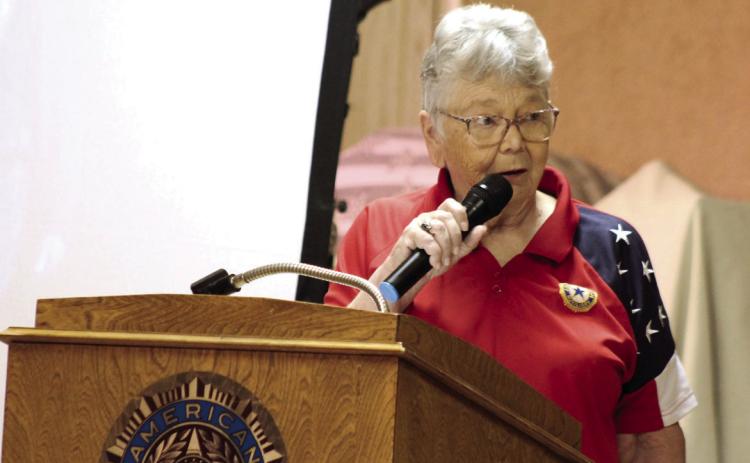 Oklahoma American Legion Auxiliary Vice President Donna Snodgrass speaks during the Tecumseh American Legion Post 260 Flag Day Ceremony on June 13. The wife of Post 260 Commander Tom Snodgrass, she spoke about how the US flag unites the country. D. Snodgrass will have an inauguration as the Oklahoma American Legion Auxiliary President on July 12, 1 pm, at the Grand Casino Hotel and Resort. Photos by Natasha Dunagan, Countywide & Sun