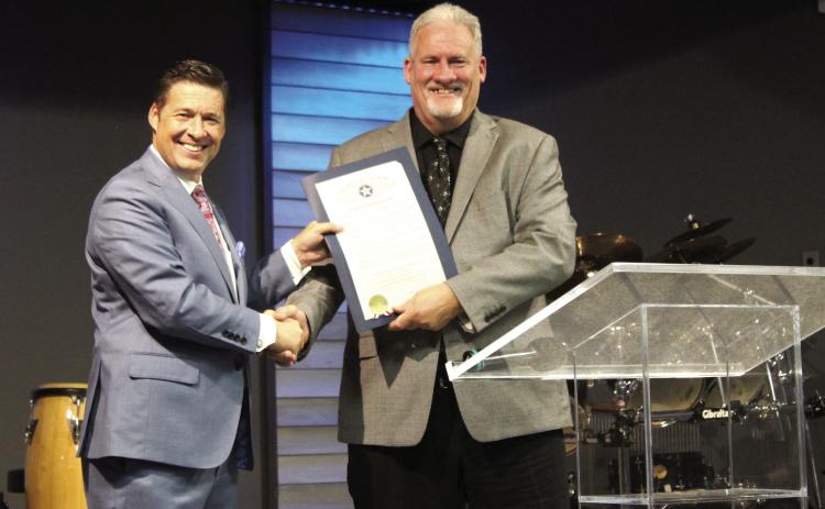 Oklahoma Senator Shane Jett presents a Senate Citation to Pastor Don Jonker in honor of the 75th anniversary of Tecumseh First Assembly of God. Jett and Jonker spoke at the event on Nov. 9. There was also a slide show, a musical performance by Worship Leader/Assistant Pastor Matt Rogers, and a sermon from Assemblies of God Presbyter Jeroyme Jackson from Stroud. Countywide & Sun/Natasha Dunagan