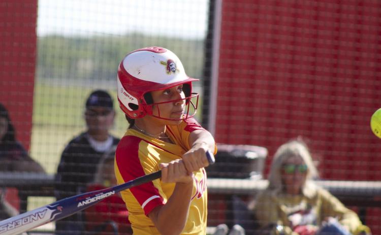 Dale’s Catelyn Edwards keeps her eye on the ball during the April 22 home game with Class 6A Mustang. In Class 4A, the Lady Pirates slow pitch team lost, 8-17, making their record 29-6. They played in Regionals on Apr 23 and beat Hinton 11-6 and Coalgate 14-3. Countywide & Sun/ Natasha Dunagan