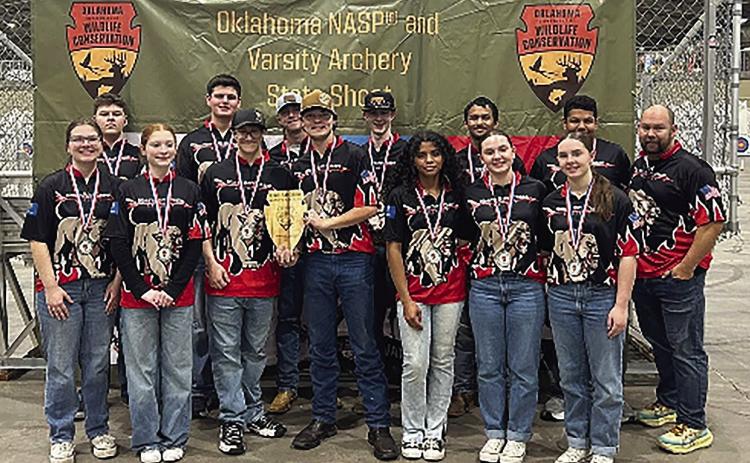The NRC archery teams competed at Grand State in Tulsa Feb. 25. The Varsity Compound Bow Team (pictured) finished in second place. Competing in Bare Bow, HS finished sixth, Middle School placed 10th and Elementary took 11th. Photo Provided
