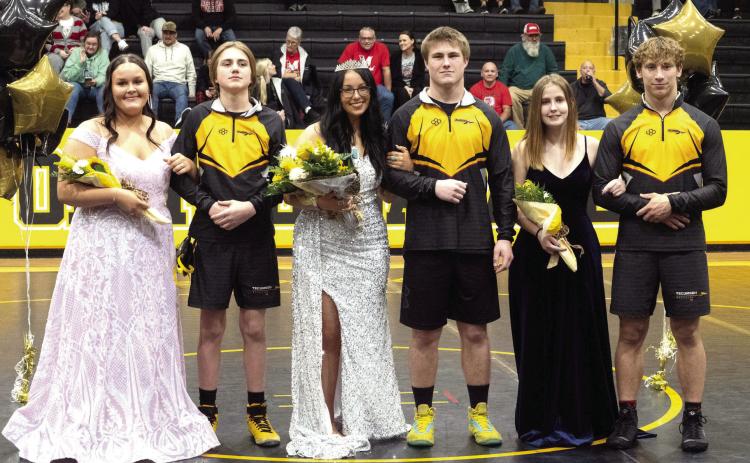 Tecumseh High School held its Wrestling Homecoming on Jan. 10, and crowned wrestling manager Josie Hilton Homecoming Queen. Shown, from left, are senior Jaycee Barham, freshman Carter Hadsall, senior Hilton, senior Hunter Hadsall, senior wrestler Makayla Partain, and senior Jace Frazier. Photo provided by Kenetta Lisenbee.