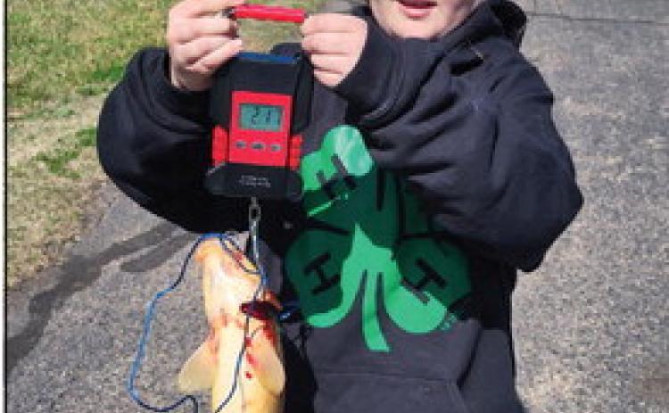 Bethel 4-H Club member Jessilynn Kuchynka uses a hanging scale to weigh a buffalo carp during the OKFITS 4-H Fishing Tournament at Shawnee Twin Lake #1, March 9. Photo provided.