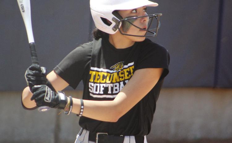 Tecumseh senior Serenity Jacoway prepares for a hit in the State Slowpitch Quarterfinals on May 2. Jacoway is a returning starter this softball season. File photo.