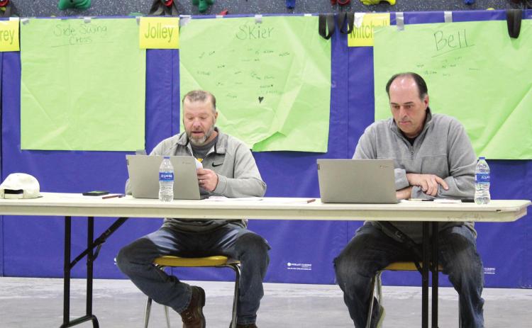 Tecumseh Board of Education President Shawn Fleming reads from his agenda, as Vice President Todd Kennedy looks at his laptop, during the Feb. 14 meeting, held at Cross Timbers Elementary. Countywide &amp; Sun/Natasha Dunagan