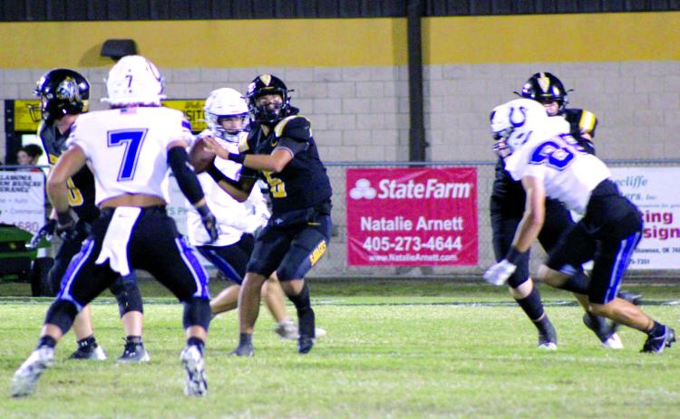Tecumseh sophomore Maddox Dickson looks to pass during the home game with Bethany, Oct. 12. The Savages lost, 14-49. Countywide & Sun/Natasha Dunagan