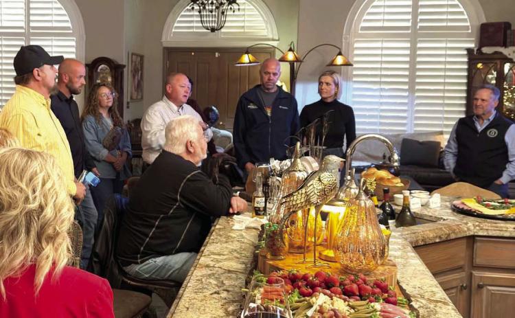 Dist. 26 State Rep. Dell Kerbs, surrounded by friends and supporters, thanks the hosts and those who attended the watch party held in Shawnee Tuesday night after winning his run for another term in office. Photo provided