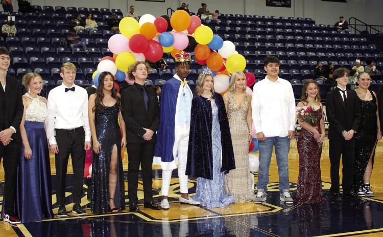 Shawnee High School held their Spring Homecoming on Tues., Jan. 10, before the Lady Wolves home game against Harding Prep. Seniors Kelon Chandler and Anna Jordan, who both represented tennis, were crowned King and Queen. Shown, from left, are Chanel Morales, Titus Wright, Ella Kate King, Zane Wilson, Stormee Sanchez, junior Triston Snider, Chandler, Jordan, Bella Pfeiff, Landon Primeaux, Mia Jennings, Preston Rumfelt, Jocelyn Williams and Colin Brooks. Countywide & Sun/Natasha Dunagan