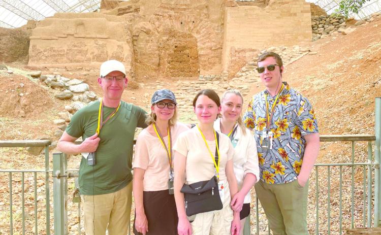 The Keller and Baird family, relatives of Bethel coach Tara Satterfield, pose at Tel Dan, Israel earlier this month. After the Israel-Hamas War began on Oct. 7 and their flight was canceled at the Tel Aviv airport, they had to find a way out. Shown, from left, are Fred, Darline, and Jennifer Keller and Lauren (Keller) and William Baird. Photo provided.