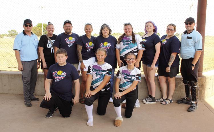 Tyler and Samantha Gensman and their whole family have renovated and managed the Asher Sports Complex, located at 38083 Old Highway 18, for the last 10 months. They hosted a softball tournament, Aug. 29-30. Shown, back row from left, are Chris Watson, S. Gensman, T. Gensman, Michelle Watson, Theresa Alexander, Raeyleigh Gensman, Nadaleigh Gensman, Patricia Pahdocony, Jay Scoggins, front row, Abel Stelzer, Maddox Watson and Karleigh Gensman. Photos by Natasha Dunagan, Countywide & Sun