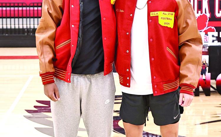 Memphis Burdine &amp; CJ Stephens received their OCA All-Star Football Jackets at last week's assembly. Photo Courtesy of Gowin Photography