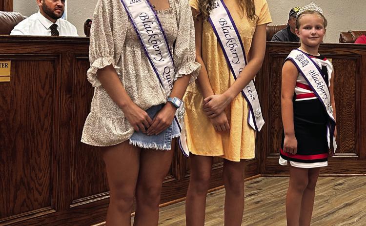 The 2024 Blackberry Festival Royalty attended the McLoud City Council meeting on Thursday, Aug. 22. Pictured from left are Blackberry Queen Addison Adams, Blackberry Princess Haylee Kimsey, and Blackberry Junior Princess Riley Sherman. Countywide &amp; Sun/Suzie Campbell