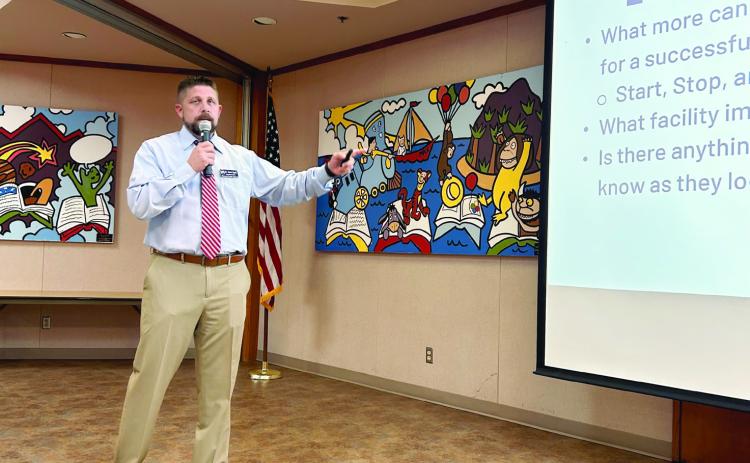 Shawnee Superintendent Dr. Aaron Espolt reviews topics for discussion during the Community Listening Forum held Monday, Aug. 28 at the Shawnee Public Library. Approximately 40 people attended the first of three scheduled forums. However, the school plans to schedule additional ones throughout the year. Countywide &amp; Sun/Suzie Campbell