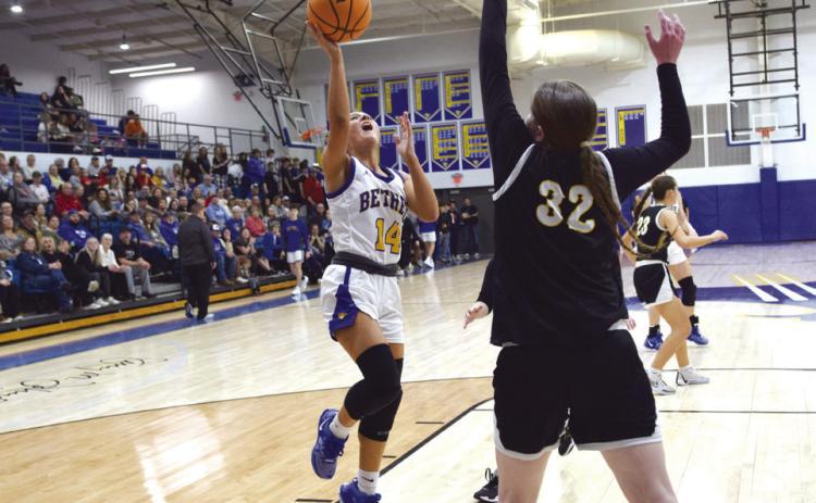 Bailey Tucker sinks two in the matchup with Tecumseh on Feb. 2nd. The Lady Wildcats lost in the final seconds of the game, 43-46. Countywide & Sun/Julie Talton