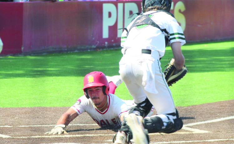 Dale senior Braylon White dives safely home as an RBI in the second inning of the Aug. 13 home game against Amber-Pocasset during the Dale Baseball Tournament. The Pirates won this game, 13-1; lost against Fort Cobb-Broxton on Aug. 14, 9-11; and bounced back for a win against Preston on Aug. 15, 8-6. Also, Dale had a ribbon-cutting for their newly turfed baseball field on Aug. 13. Photos by Natasha Dunagan, Countywide & Sun