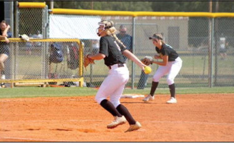 Tecumseh’s Steeli Mitchell winds up her pitch in the third inning of the regional home game against Marlow on Oct. 5. The Lady Savages won 10-0. On Oct. 6, Tecumseh played Newcastle three times. They won the first game, 10-0, lost the second game, 5-8, and won the third game in extra innings, 2-1.